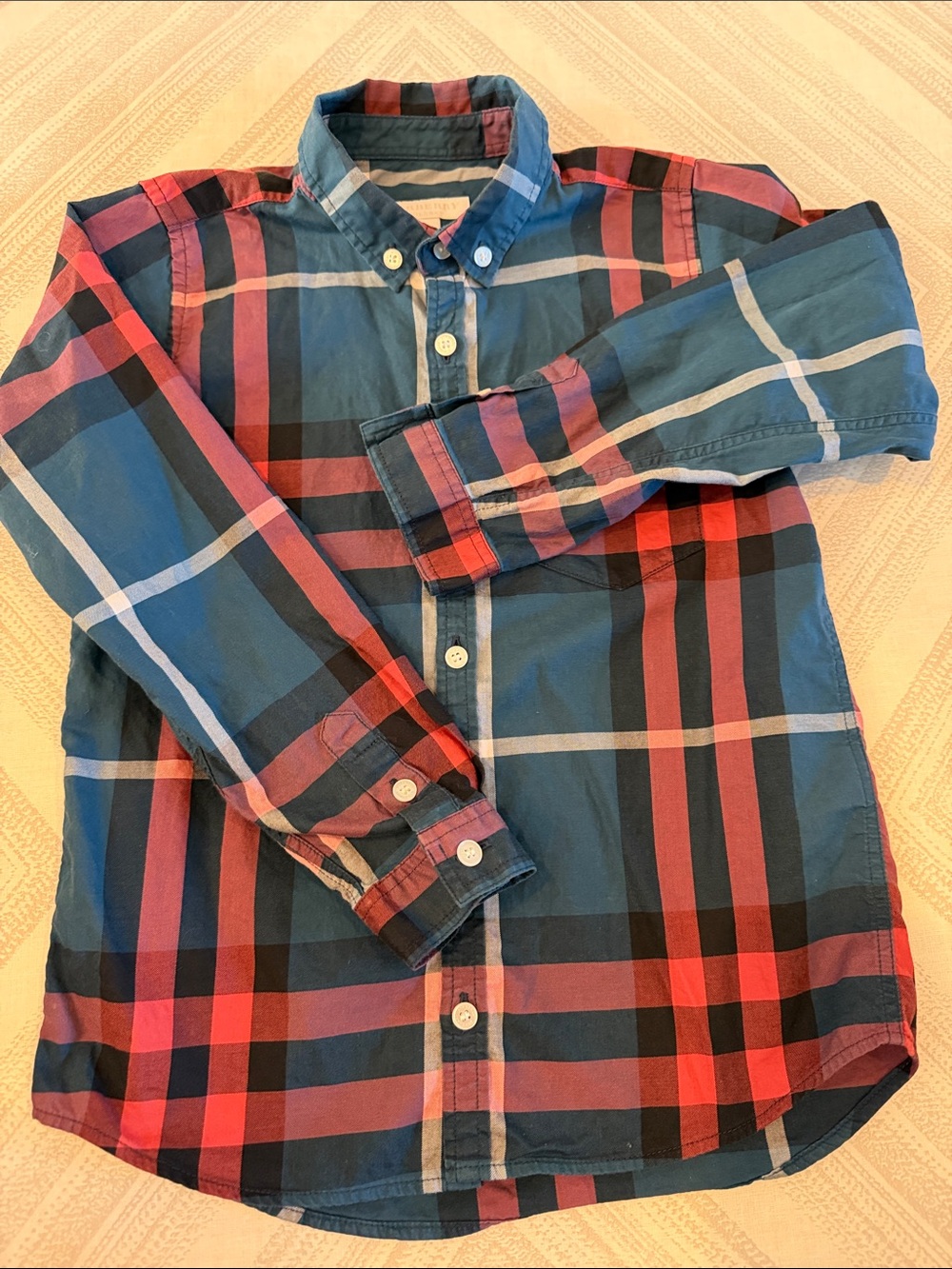 Burberry Boys Check Button Down Shirt Size 7Y Turquoise Red Plaid